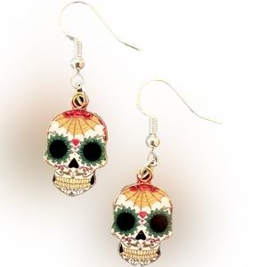 Green Eyed Sugar Skull dangle / drop charm earrings